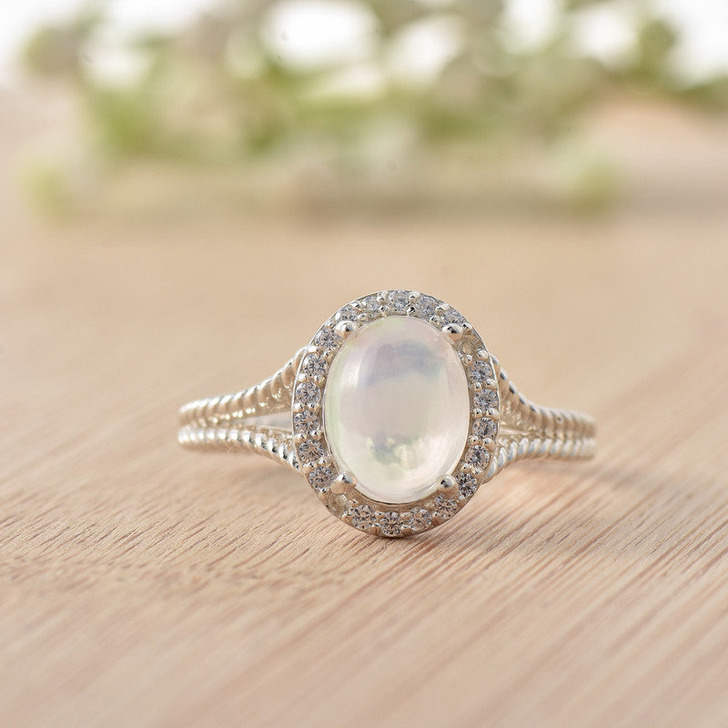 925 Sterling Silver 9x7mm Oval Moonstone Halo Ring
