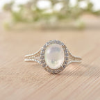 925 Sterling Silver 9x7mm Oval Moonstone Halo Ring
