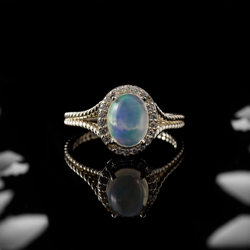 925 Sterling Silver 9x7mm Oval Moonstone Halo Ring