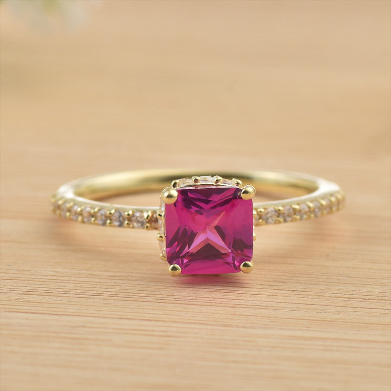 925 Sterling Silver Yellow Plated 6x6mm Cushion Pink Topaz with CZ Accents Ring
