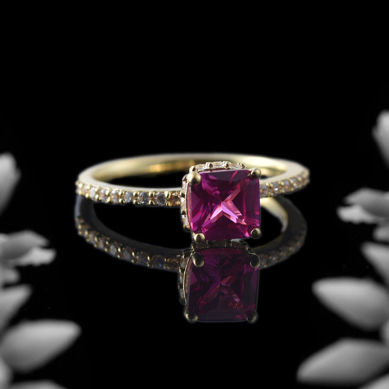 925 Sterling Silver Yellow Plated 6x6mm Cushion Pink Topaz with CZ Accents Ring