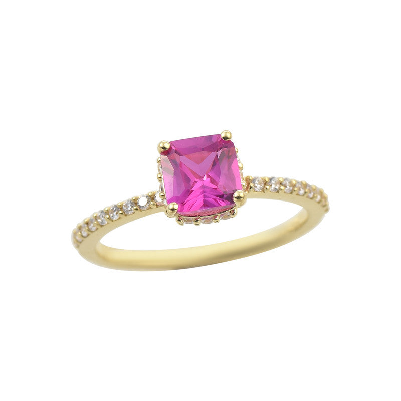 925 Sterling Silver Yellow Plated 6x6mm Cushion Pink Topaz with CZ Accents Ring