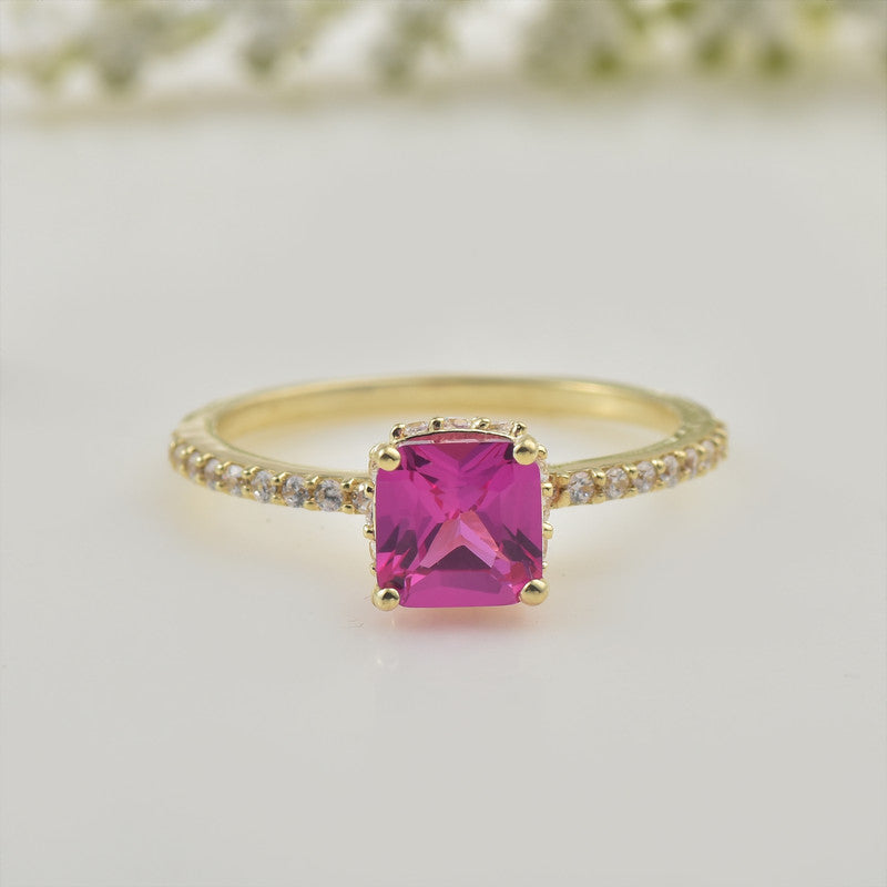 925 Sterling Silver Yellow Plated 6x6mm Cushion Pink Topaz with CZ Accents Ring