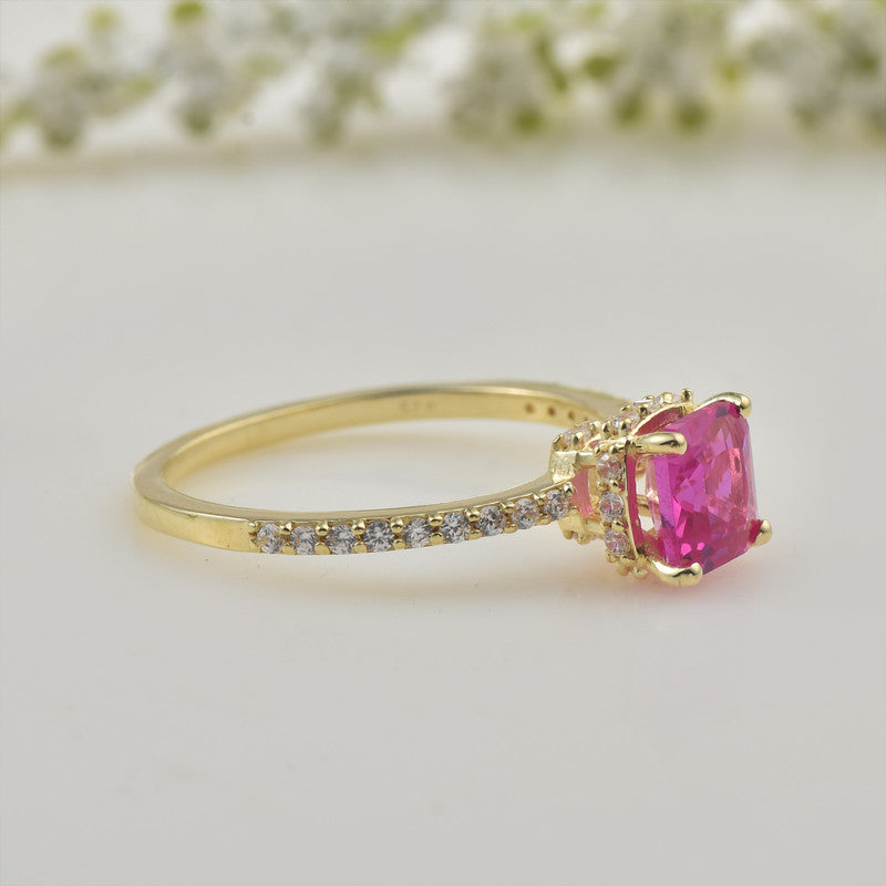 925 Sterling Silver Yellow Plated 6x6mm Cushion Pink Topaz with CZ Accents Ring