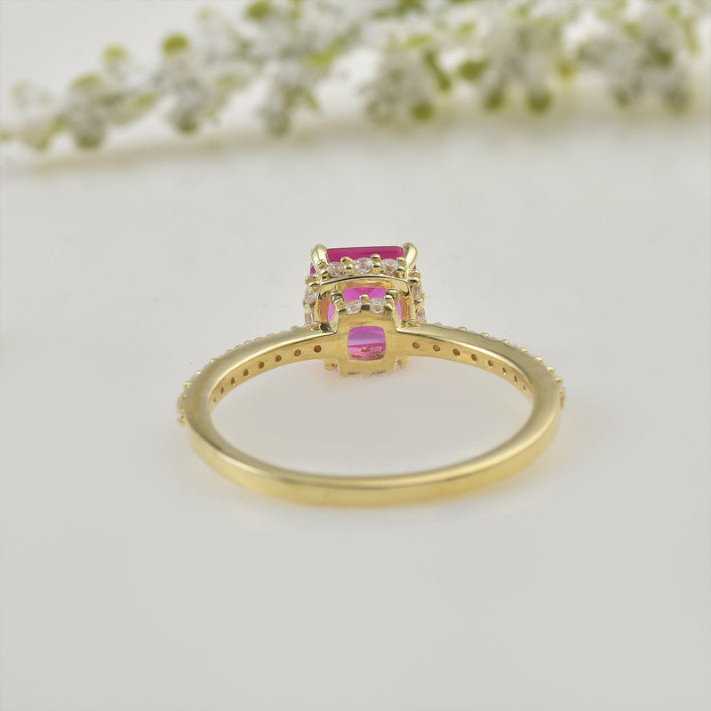 925 Sterling Silver Yellow Plated 6x6mm Cushion Pink Topaz with CZ Accents Ring