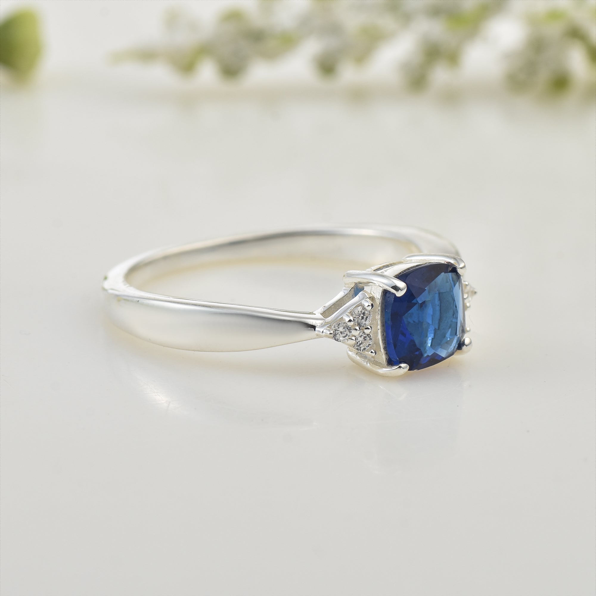 6x6mm Cushion Blue Sapphire Ring 925 Sterling Silver