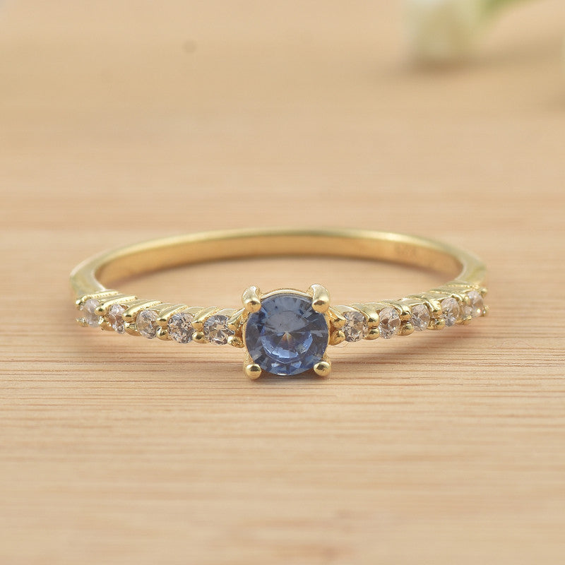 925 Sterling Silver Yellow Plated 4x4mm Round Tanzanite with CZ Accents Ring