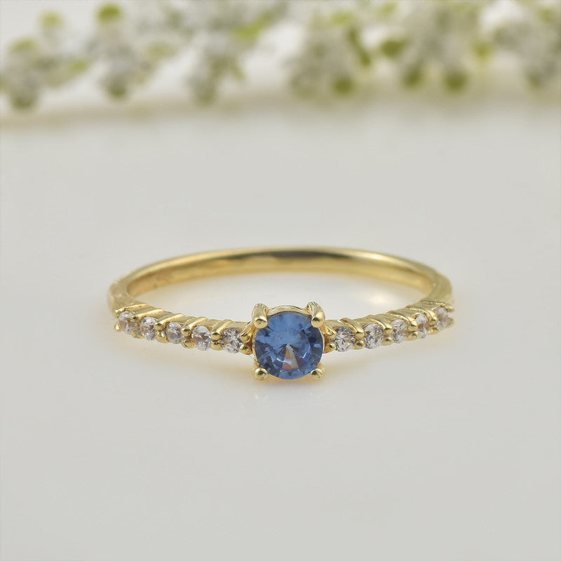 925 Sterling Silver Yellow Plated 4x4mm Round Tanzanite with CZ Accents Ring
