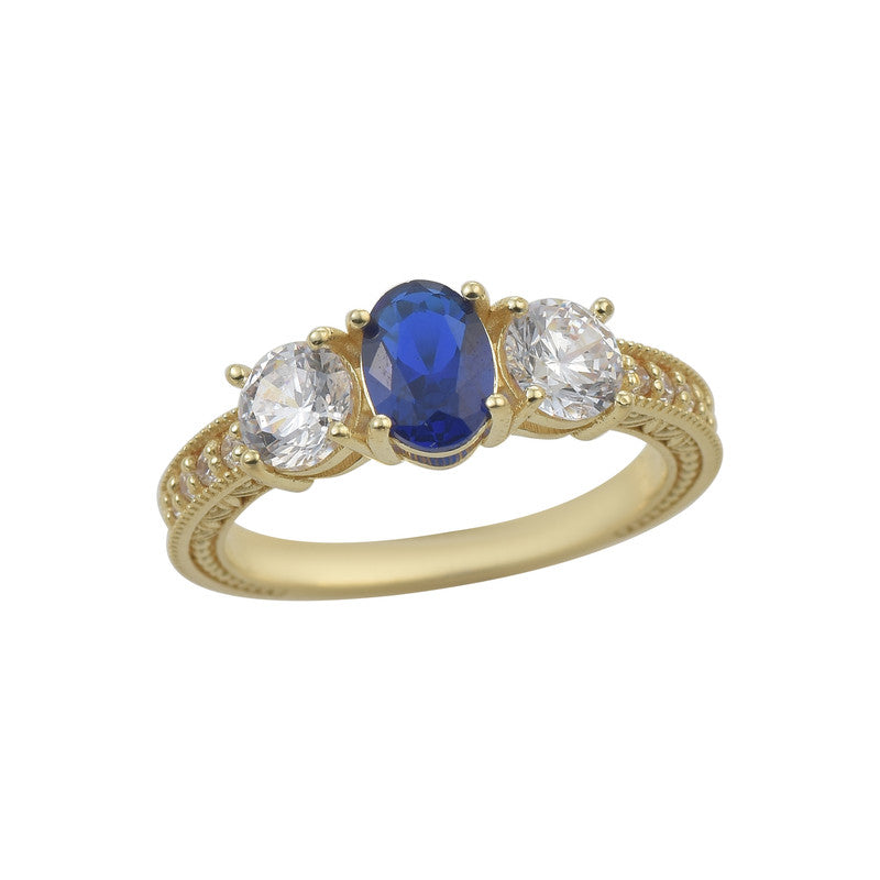 925 Sterling Silver Yellow Played 7x5mm Oval Blue Sapphire Three-Stone Ring