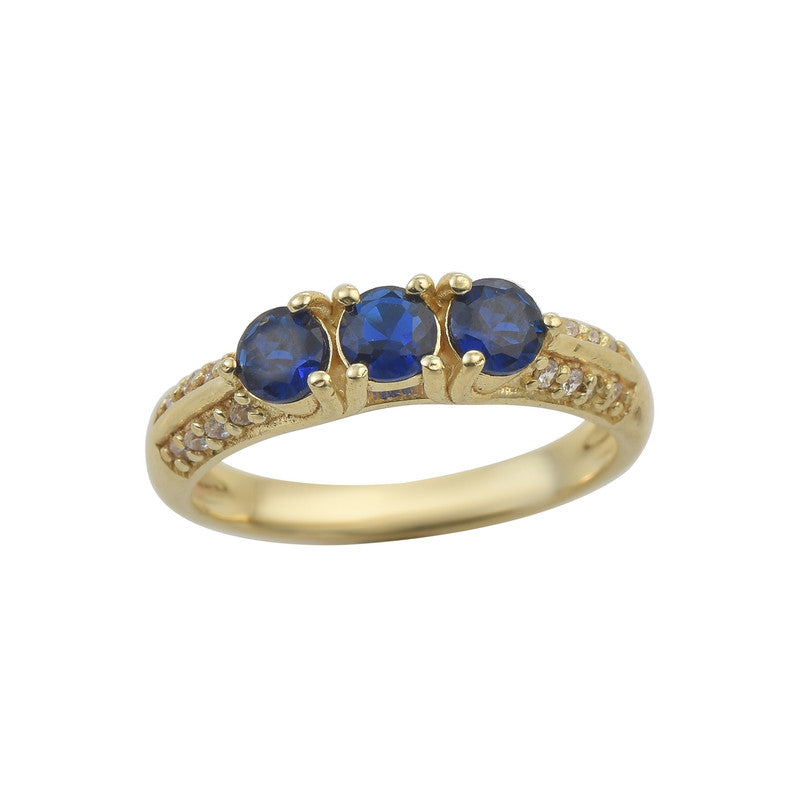 925 Sterling Silver Yellow Plated 4x4mm Round Blue Sapphire Three-Stone Ring