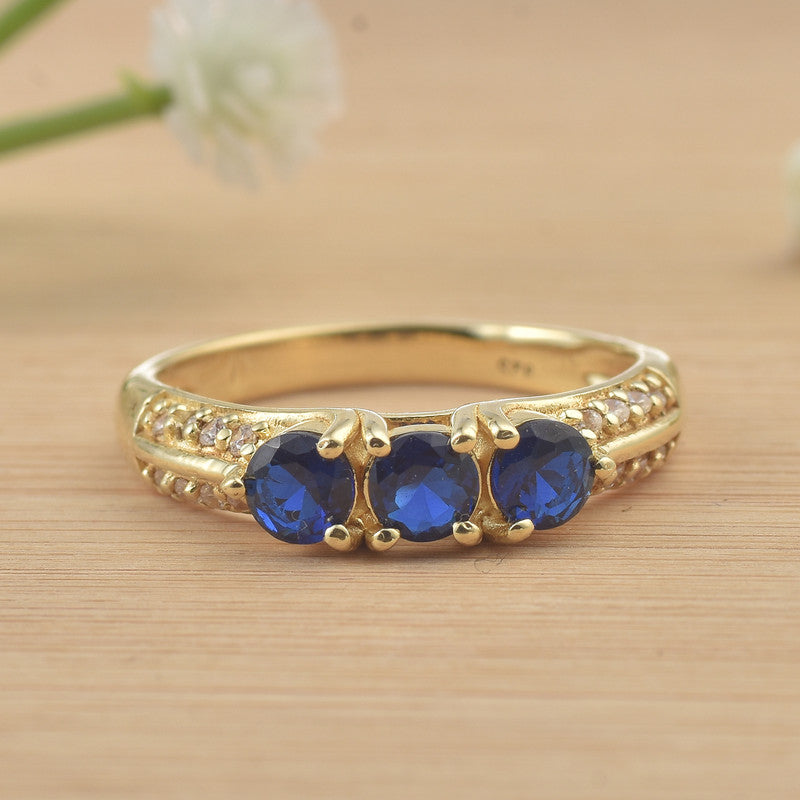 925 Sterling Silver Yellow Plated 4x4mm Round Blue Sapphire Three-Stone Ring