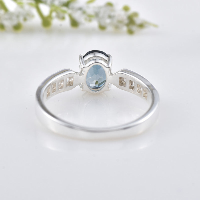6x4mm Oval London Blue Topaz with CZ Accents Ring 925 Sterling Silver