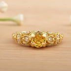 6x6mm Round Citrine with CZ Accents Ring 925 Sterling Silver Gold Plated