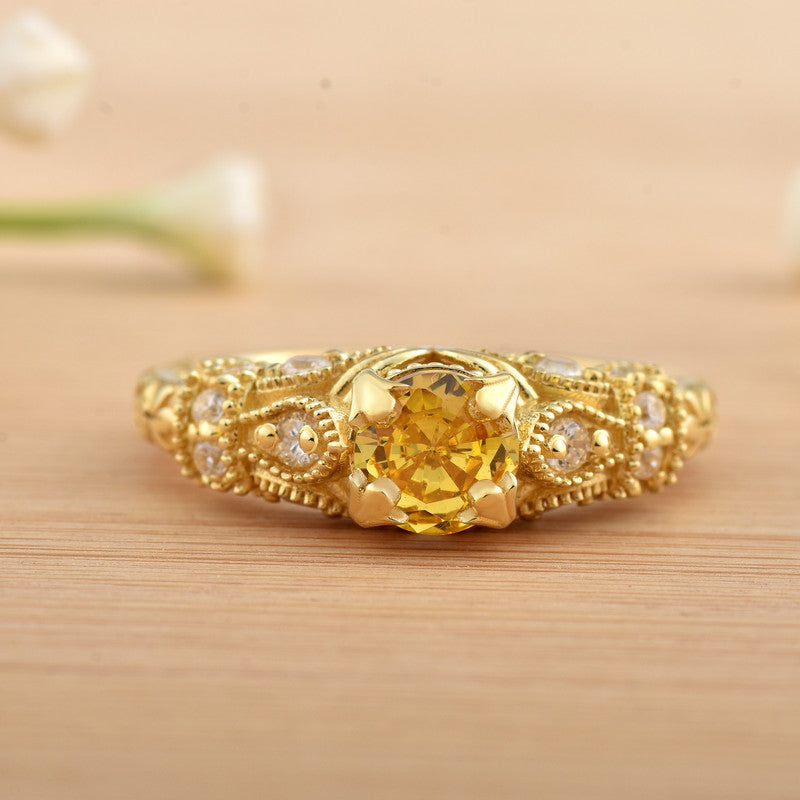 6x6mm Round Citrine with CZ Accents Ring 925 Sterling Silver Gold Plated