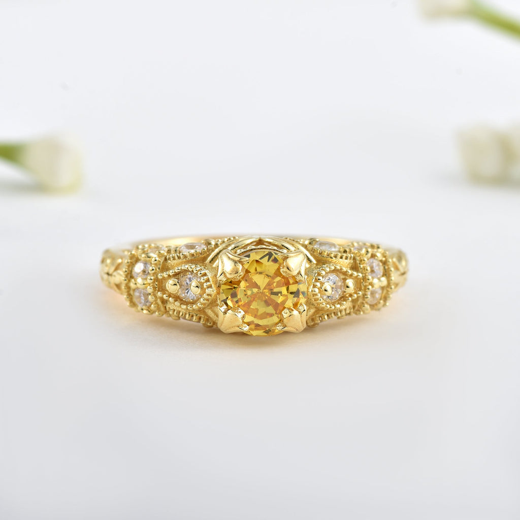 6x6mm Round Citrine with CZ Accents Ring 925 Sterling Silver Gold Plated