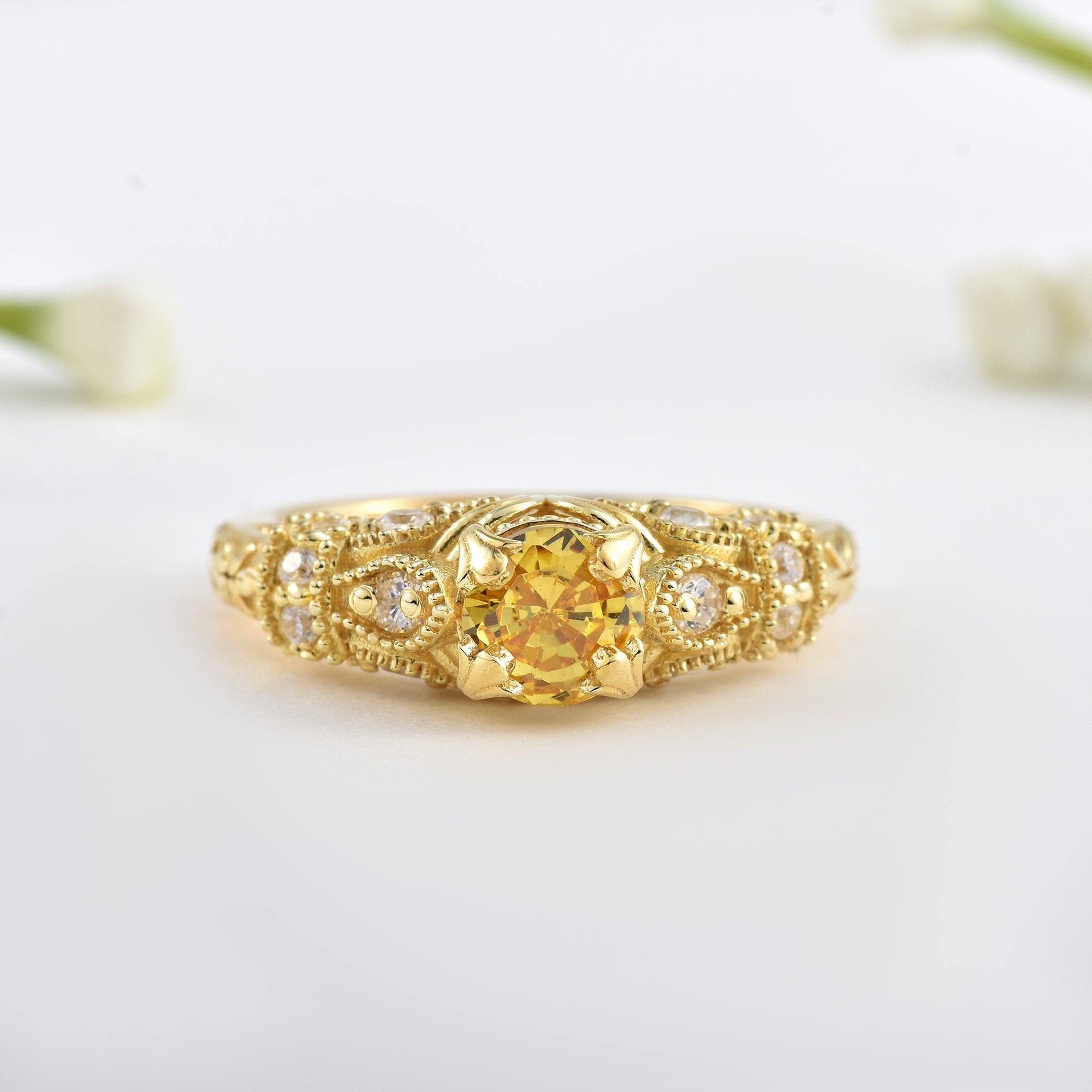 6x6mm Round Citrine with CZ Accents Ring 925 Sterling Silver Gold Plated