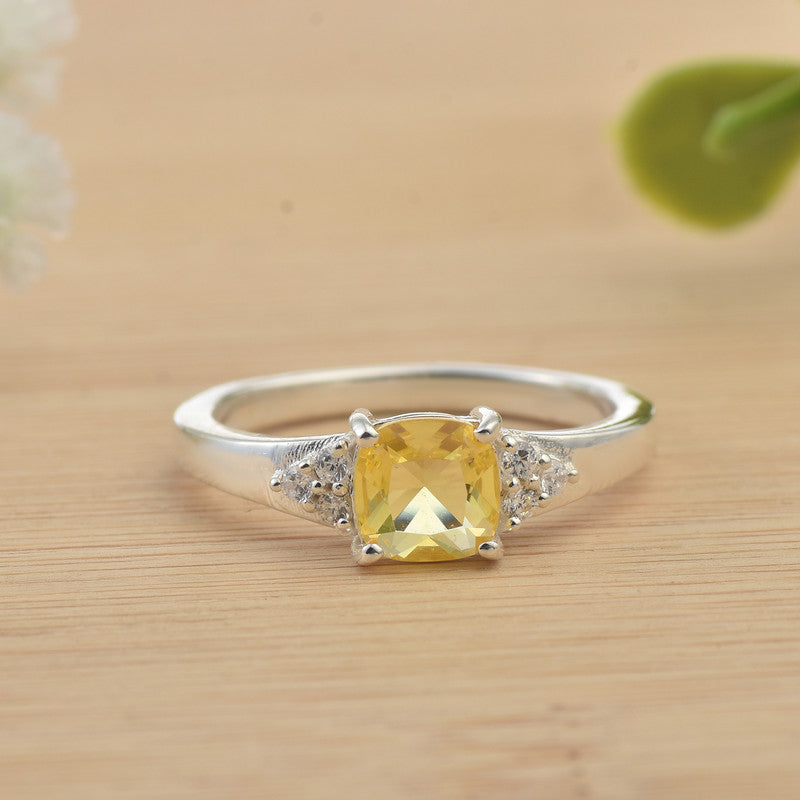 6x6mm Cushion Citrine with CZ Accents Ring 925 Sterling Silver