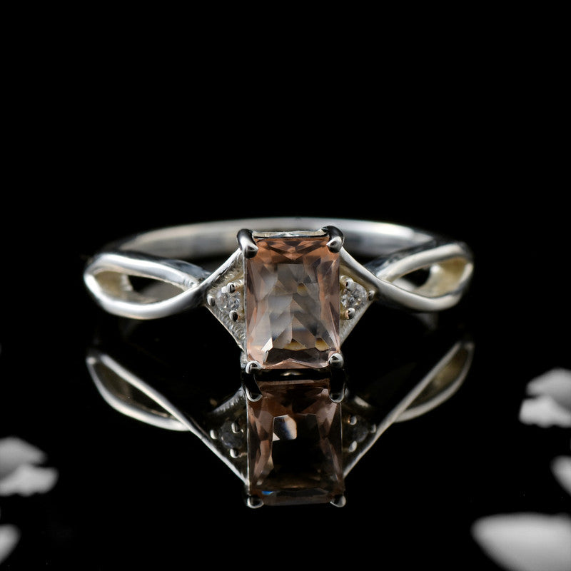 7x5mm Octagon Morganite with CZ Accents Ring 925 Sterling Silver