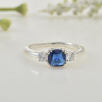 6x6mm Cushion Blue Sapphire Three-Stone Ring 925 Sterling Silver