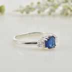 6x6mm Cushion Blue Sapphire Three-Stone Ring 925 Sterling Silver