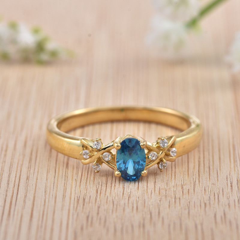 6x4mm Oval London Blue Topaz Ring 925 Sterling Silver Yellow Gold