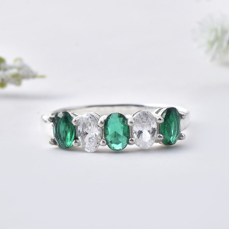 6x4mm Oval Emerald Ring 925 Sterling Silver with White Accents