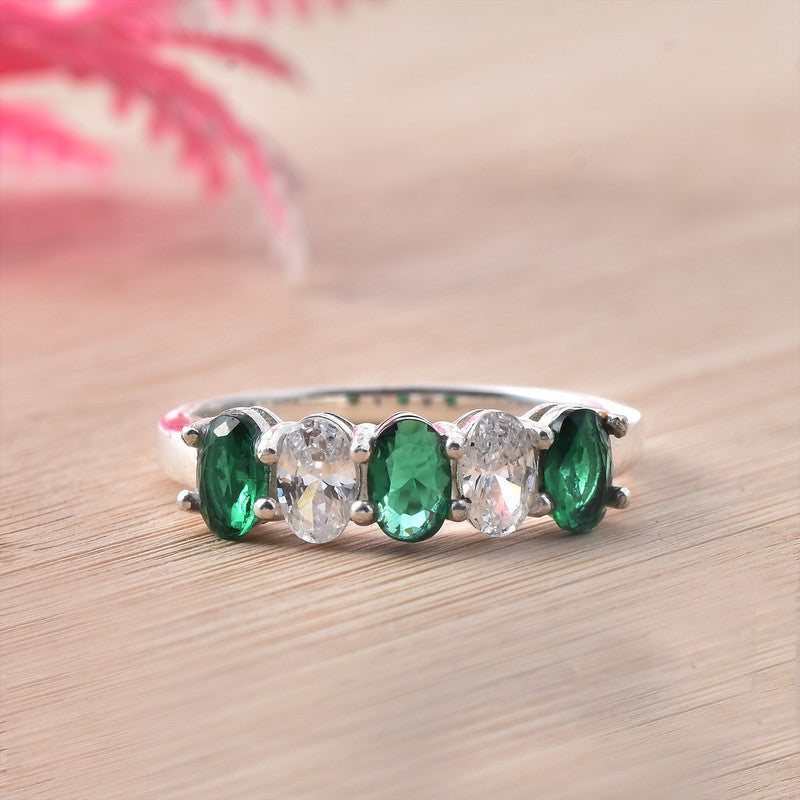 6x4mm Oval Emerald Ring 925 Sterling Silver with White Accents
