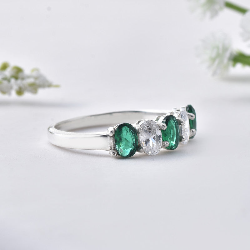 6x4mm Oval Emerald Ring 925 Sterling Silver with White Accents