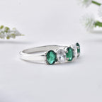 6x4mm Oval Emerald Ring 925 Sterling Silver with White Accents