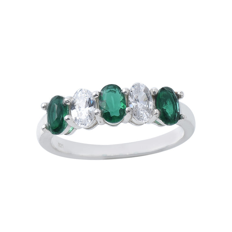 6x4mm Oval Emerald Ring 925 Sterling Silver with White Accents