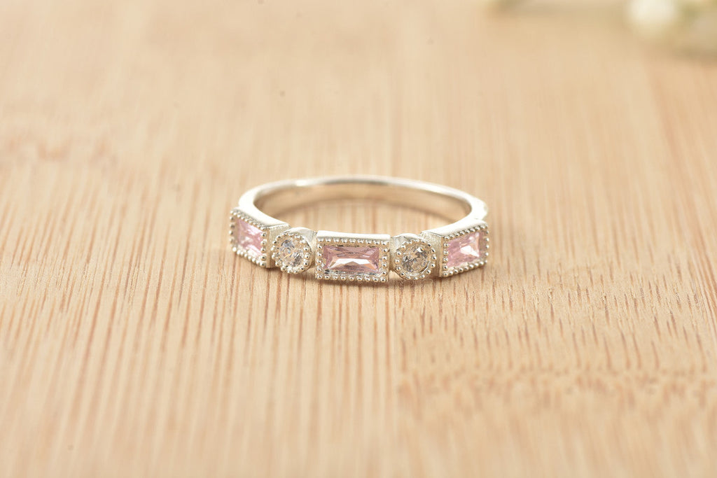 4x2 mm Baguette Cut Pink Topaz and White Topaz 925 Sterling Silver Ring