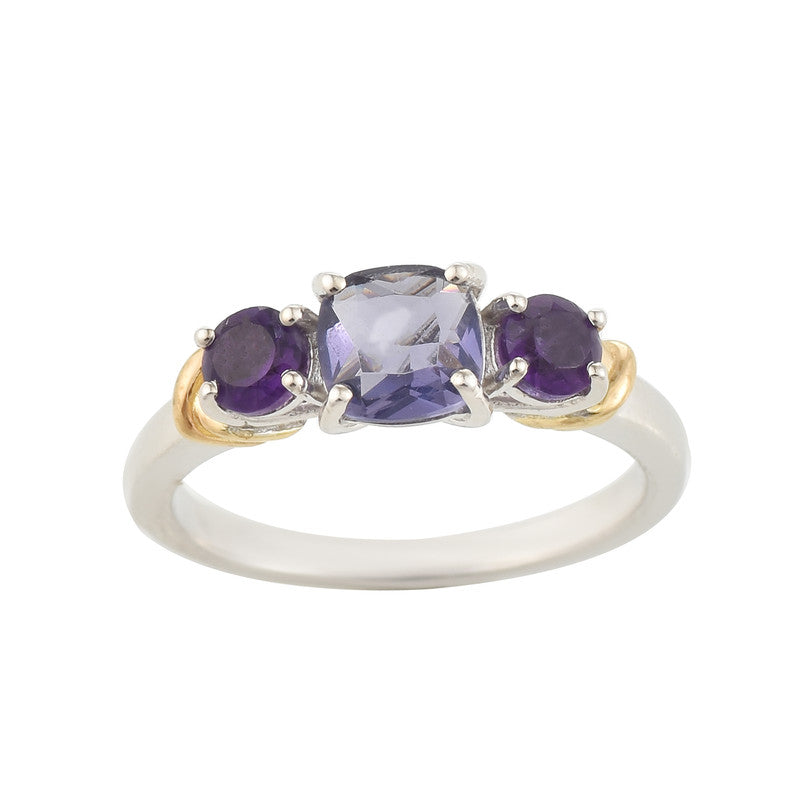 6mm Cushion Amethyst Three-Stone Ring 925 Sterling Silver