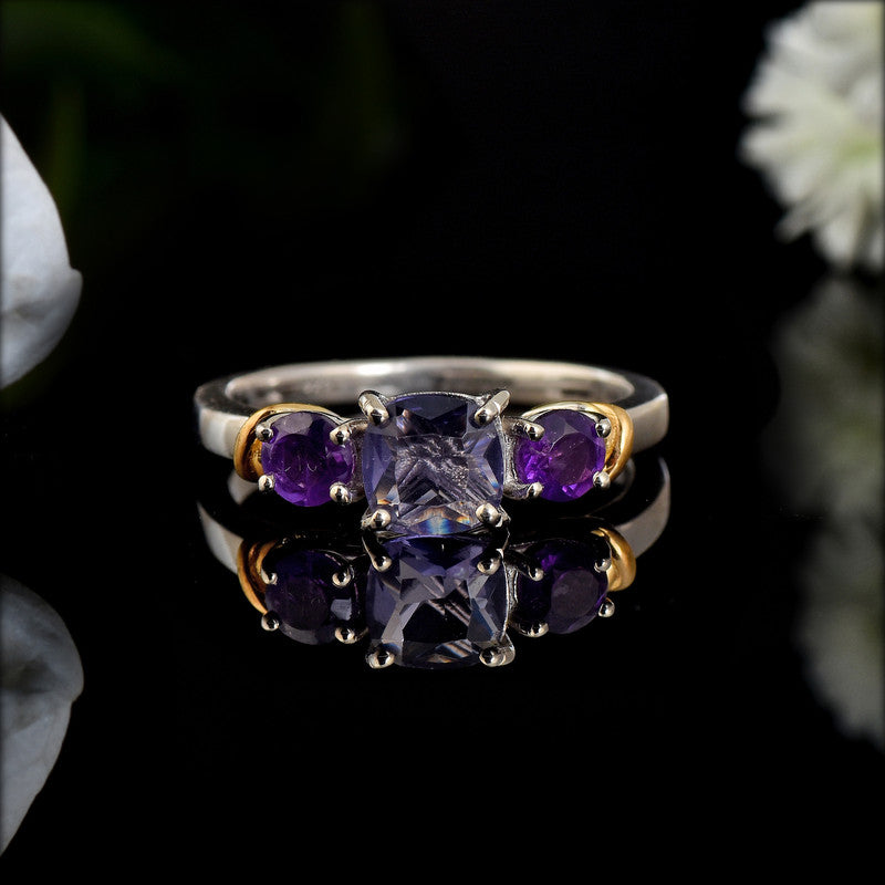 6mm Cushion Amethyst Three-Stone Ring 925 Sterling Silver