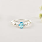6x4mm Oval Swiss Blue Topaz Three Stone Ring 925 Sterling Silver