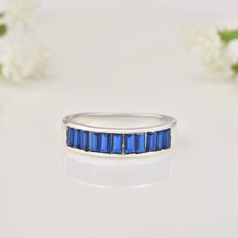 925 Sterling Silver 4x2mm Baguette-Cut Blue Sapphire Eternity Band Ring