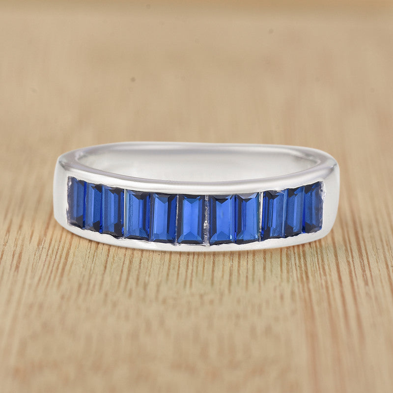 925 Sterling Silver 4x2mm Baguette-Cut Blue Sapphire Eternity Band Ring