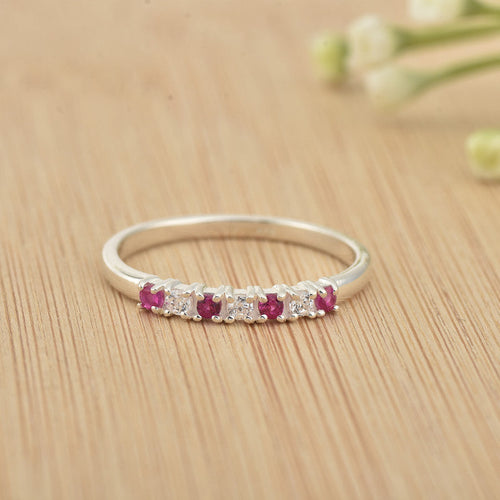 2x2mm Round Rhodolite Garnet Half Eternity Band Ring 925 Sterling Silver