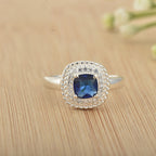 925 Sterling Silver 6x6mm Cushion Blue Sapphire Ring with Halo Accents