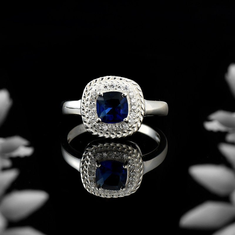 925 Sterling Silver 6x6mm Cushion Blue Sapphire Ring with Halo Accents