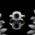 925 Sterling Silver 6x6mm Cushion Blue Sapphire Ring with Halo Accents