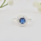 925 Sterling Silver 6x6mm Cushion Blue Sapphire Ring with Halo Accents