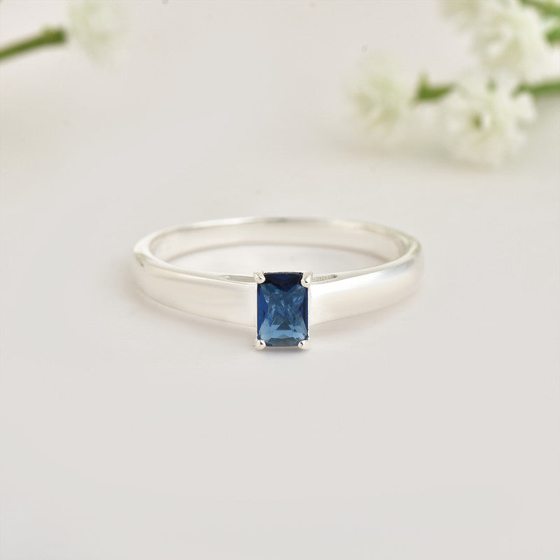 925 Sterling Silver 6x4mm Octagon Blue Sapphire Solitaire Ring