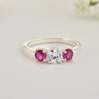 925 Sterling Silver 5x5mm Round White Topaz Ring with Ruby Side Stones