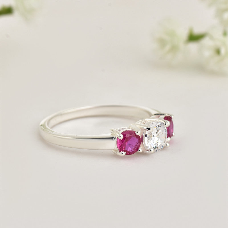 925 Sterling Silver 5x5mm Round White Topaz Ring with Ruby Side Stones
