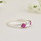 925 Sterling Silver 5x5mm Round White Topaz Ring with Ruby Side Stones