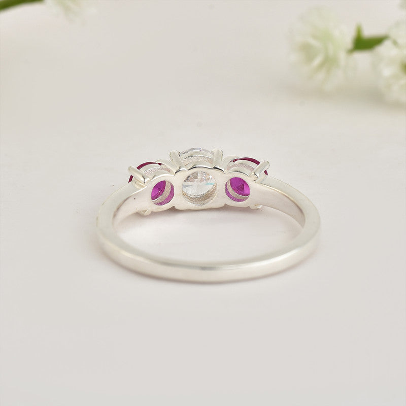 925 Sterling Silver 5x5mm Round White Topaz Ring with Ruby Side Stones