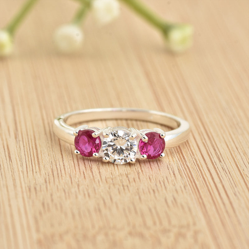 925 Sterling Silver 5x5mm Round White Topaz Ring with Ruby Side Stones