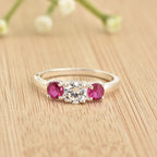 925 Sterling Silver 5x5mm Round White Topaz Ring with Ruby Side Stones
