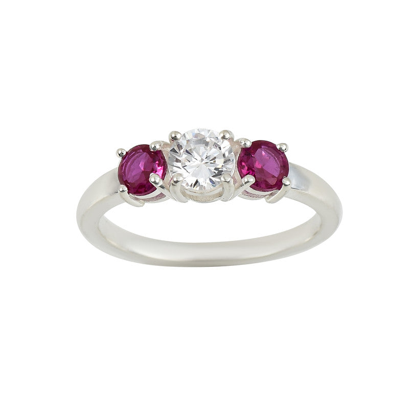 925 Sterling Silver 5x5mm Round White Topaz Ring with Ruby Side Stones