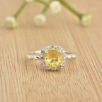 925 Sterling Silver 6x6mm Round Lemon Quartz Ring with Halo Accents